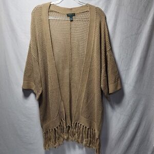 LRL Ralph Lauren Jeans Co Tan Open Knit Fringe Kimono Cardigan Sweater Women M